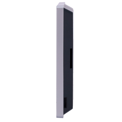 monitor plano cinza com moldura preta visto de lado