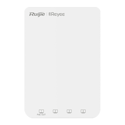 Dispositivo eletrônico branco Ruijie Reyee com quatro botões numerados e indicação PoE OUT.
