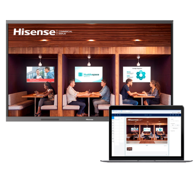 Ecrã comercial Hisense a mostrar reuniões e portátil ao lado