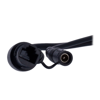 Cabo preto com conector RJ45 e conector de alimentação DC