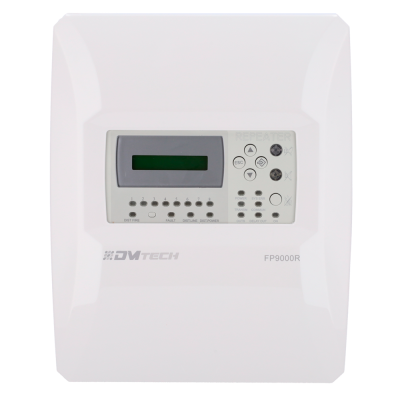 Central de alarme branca com visor digital e botões de controlo