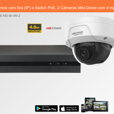 Sistema de videovigilância com gravador preto e câmara Mini-Dome branca HIKVISION e texto descritivo em fundo branco