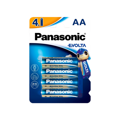 Pack de 4 pilhas Panasonic AA EVOLTA com embalagem azul e branca e figura de robô