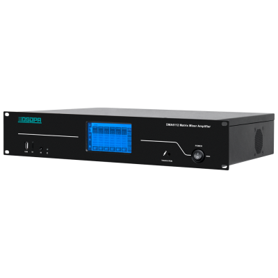Amplificador mixer Matrix DSPPA DMA6112 com ecrã tátil azul e botões no painel frontal.