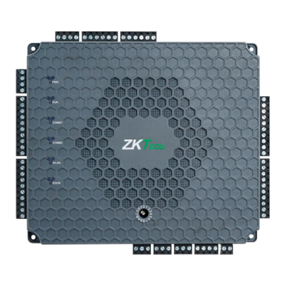 Dispositivo eletrónico cinzento com padrão hexagonal e várias ligações de terminais