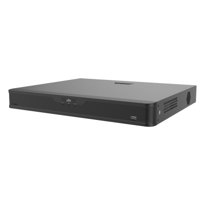 Gravador digital Uniview preto compacto com entradas USB, HDMI e indicadores LED.