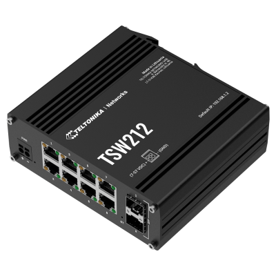 Comutador de rede Teltonika TSW212 preto com várias portas Ethernet