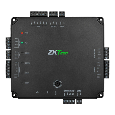 Módulo eletrónico preto retangular com conexões parafusadas e LEDs indicativos da ZKTeco.