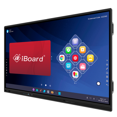 Ecrã digital interativo com software iBoard e ícones de aplicações coloridos