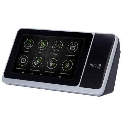 Dispositivo eletrónico retangular cinza com ecrã tátil e ícones de funções