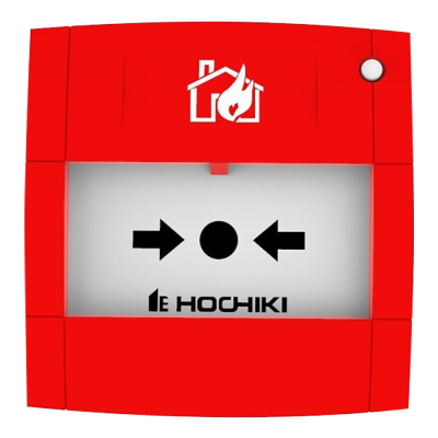 Alarme de incêndio manual vermelho com símbolo branco e texto HOCHIKI