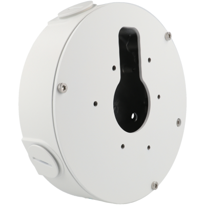 Caixa redonda branca em metal com recorte central para montagem