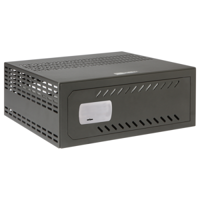 Gaveta metálica preta com ventilações e rótulo branco frontal