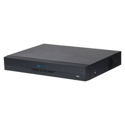 Aparelho eletrónico preto retangular com texto XSecurity e três LEDs indicativos.