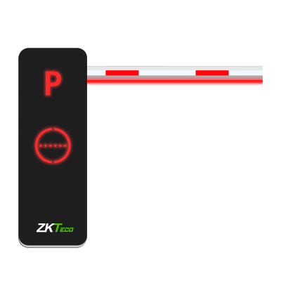 Barreira de estacionamento preta e vermelha com luzes vermelhas e logo ZKTeco