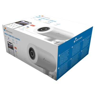 Embalagem de câmara de segurança Nivian Smart Home WiFi Camera branca e azul