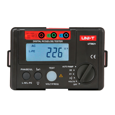 Medidor digital de teste RCD preto e vermelho com écran azul e botões