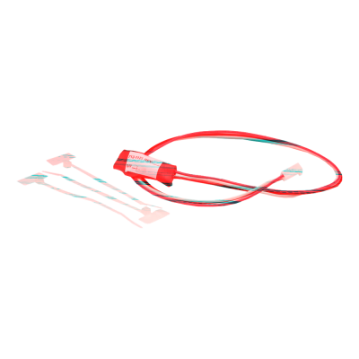 Cabo vermelho com ficha branca e etiqueta com texto