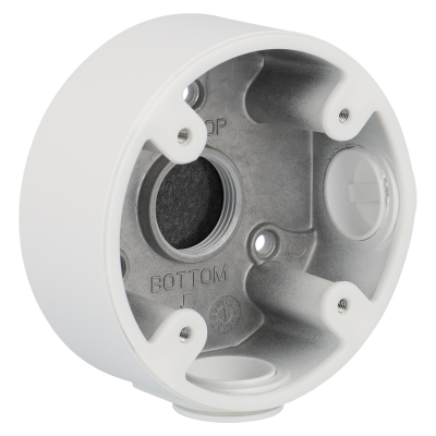 Caixa de montagem redonda branca com interior metálico e inscrições TOP e BOTTOM