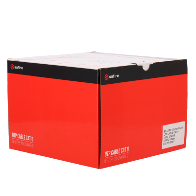 Caixa vermelha e preta de cartão com logótipo 'safire' e texto 'UTP CABLE CAT 6'