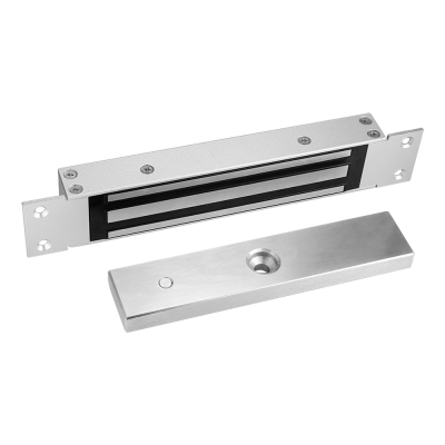 Fecho eletromagnético metálico prateado com parafusos e placa adicional