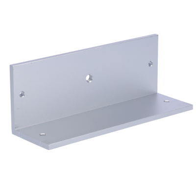 Suporte metálico cinza em forma de L com orifícios de fixação