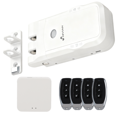 Fechadura eletrónica branca NIVIAN com suporte, controlador e quatro comandos remotos pretos