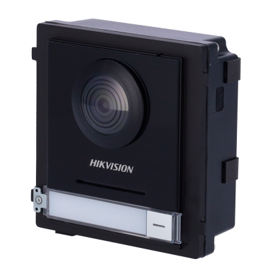 Intercom Hikvision preto com lente e botão branco