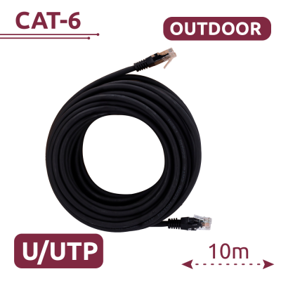 Cabo de rede preto CAT-6 para exterior com 10 metros e conectores RJ45.