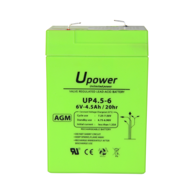 Bateria verde recarregável Upower AGM com especificações técnicas e símbolos de segurança.