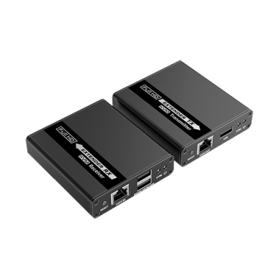 Dois dispositivos eletrónicos pretos com etiquetas EXTENDER RX AVH Receiver e EXTENDER TX AVH Transmitter