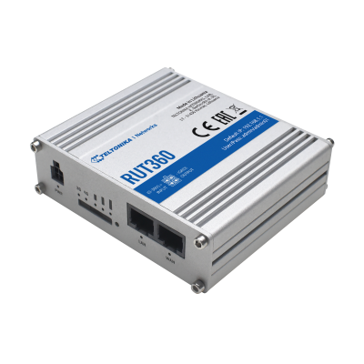 Roteador industrial Teltonika RUT360 em caixa metálica cinza com etiquetas brancas e azuis