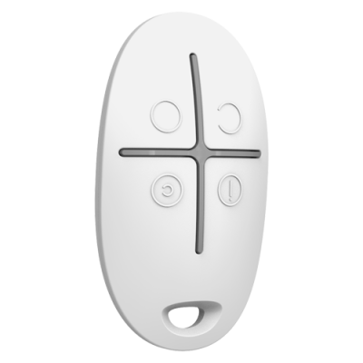 Comando remoto branco com quatro botões e orifício oval