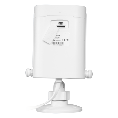 Câmara de vigilância WiFi branca com suporte e etiqueta com texto