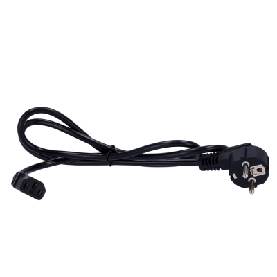 Cabo elétrico preto com ficha de tomada europeia e conector fêmea.