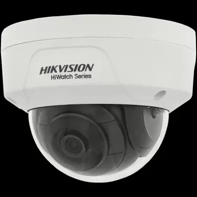 Câmara de vigilância domo branca com lente preta e texto HIKVISION HiWatch Series.