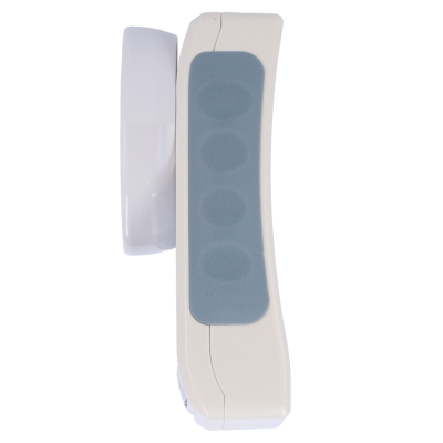 Telefone fixo branco com apoio cinzento de lado