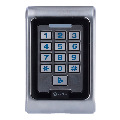 Teclado numérico de segurança prateado com botões cinzentos e números azuis