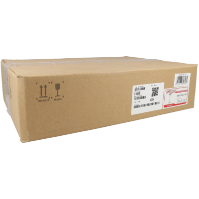 Caixa de cartão castanha com etiquetas e códigos de barras