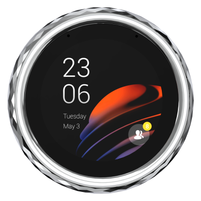 Relógio inteligente redondo com mostrador digital e corpo metálico prateado