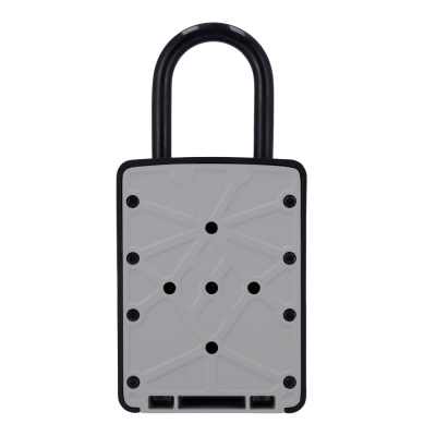 Cadeado cinza com argola preta e detalhes de parafusos