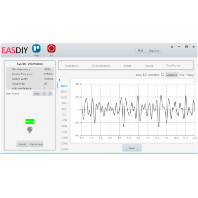 Interface de software EASDIY mostrando configurações de sistema e gráfico de oscilograma