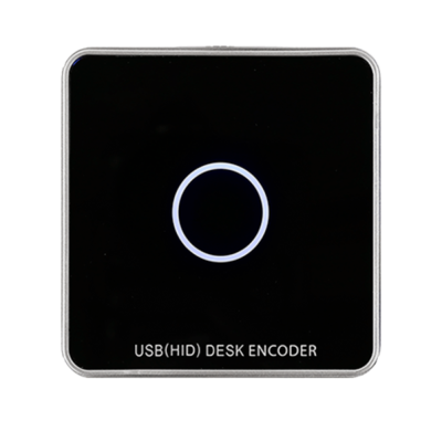 Encoder de secretária USB com círculo azul e texto na parte inferior