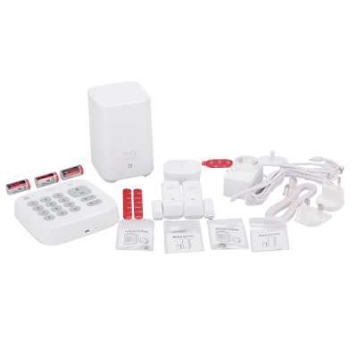 Kit de segurança eufy branco com teclado, sensores, pilhas, cabos, adaptadores e suportes