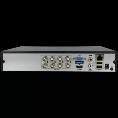 Imagem da traseira de equipamento eletrónico com várias entradas e saídas de vídeo, áudio e rede