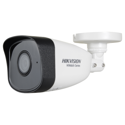 Câmara de segurança Hikvision HIWatch Series cilíndrica, branca e preta com suporte branco