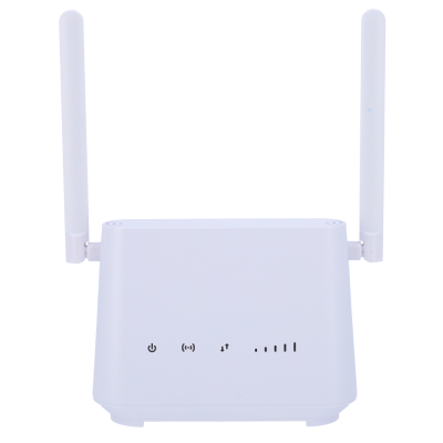 Router sem fios branco com duas antenas e indicadores LED