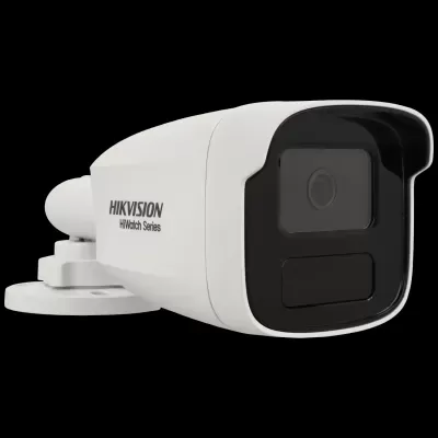 Câmara de segurança HIKVISION HiWatch Series branca com lente preta e suporte.