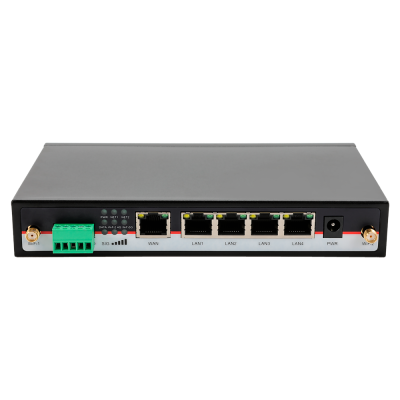 Dispositivo de rede preto com portas LAN e WAN, conectores para antenas e conector de alimentação.