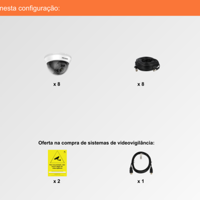 Componentes para sistema de videovigilância incluindo câmeras, cabos, suportes, adesivos e outros acessórios sobre fundo branco.